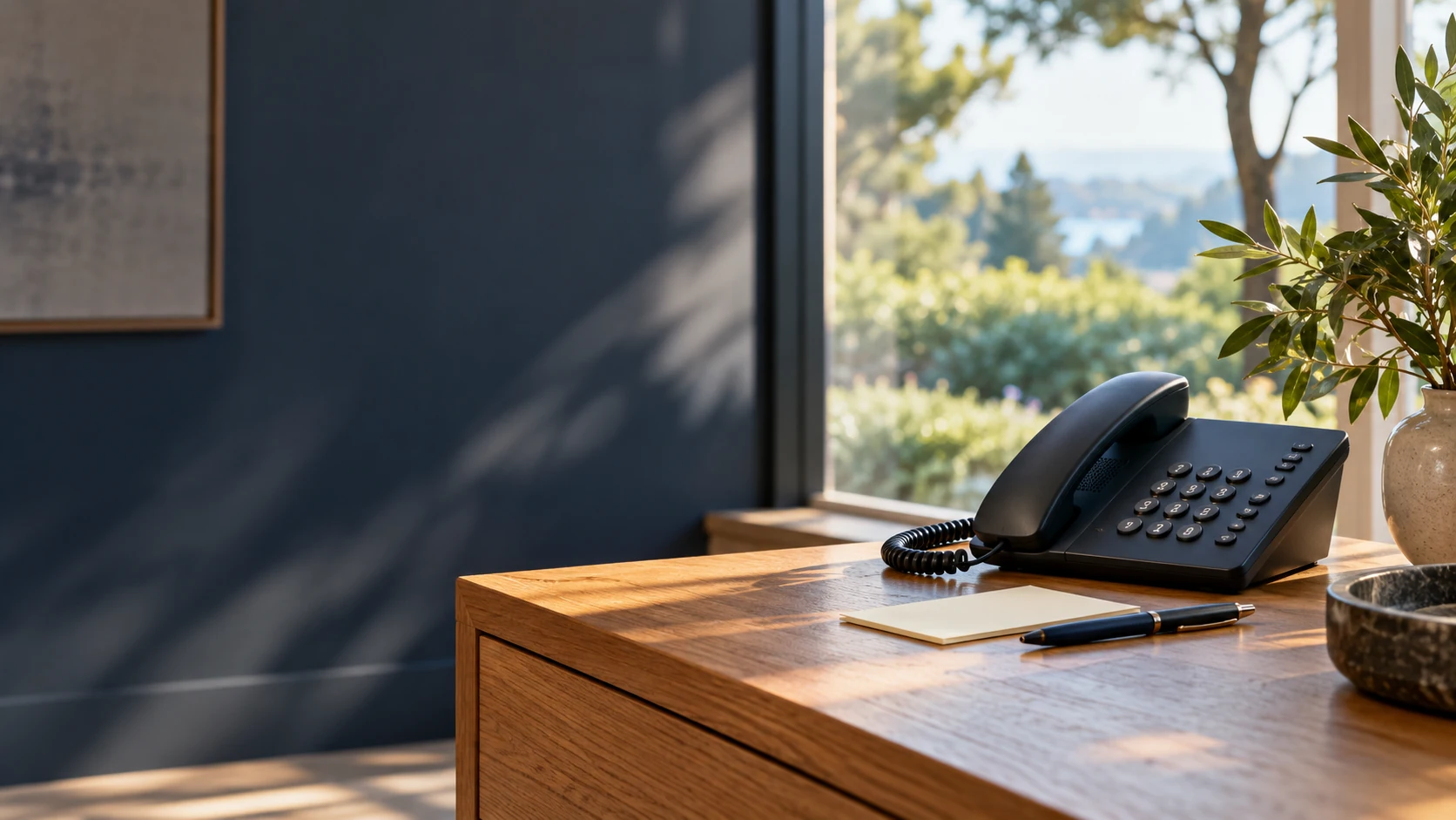 A contemporary desk telephone, note card, and pen beside a window.