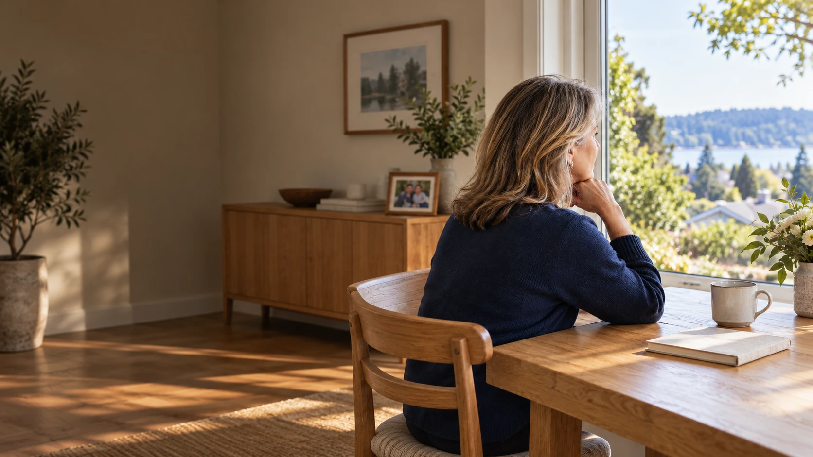 A woman looking through a window from a table with a notebook and coffee. Illustrative scene with a fictional person.