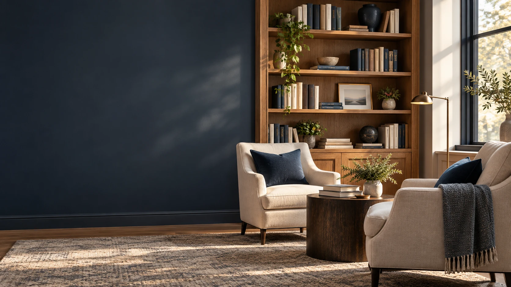 A quiet study with bookshelves and two chairs; illustrative setting, not a UAA office.