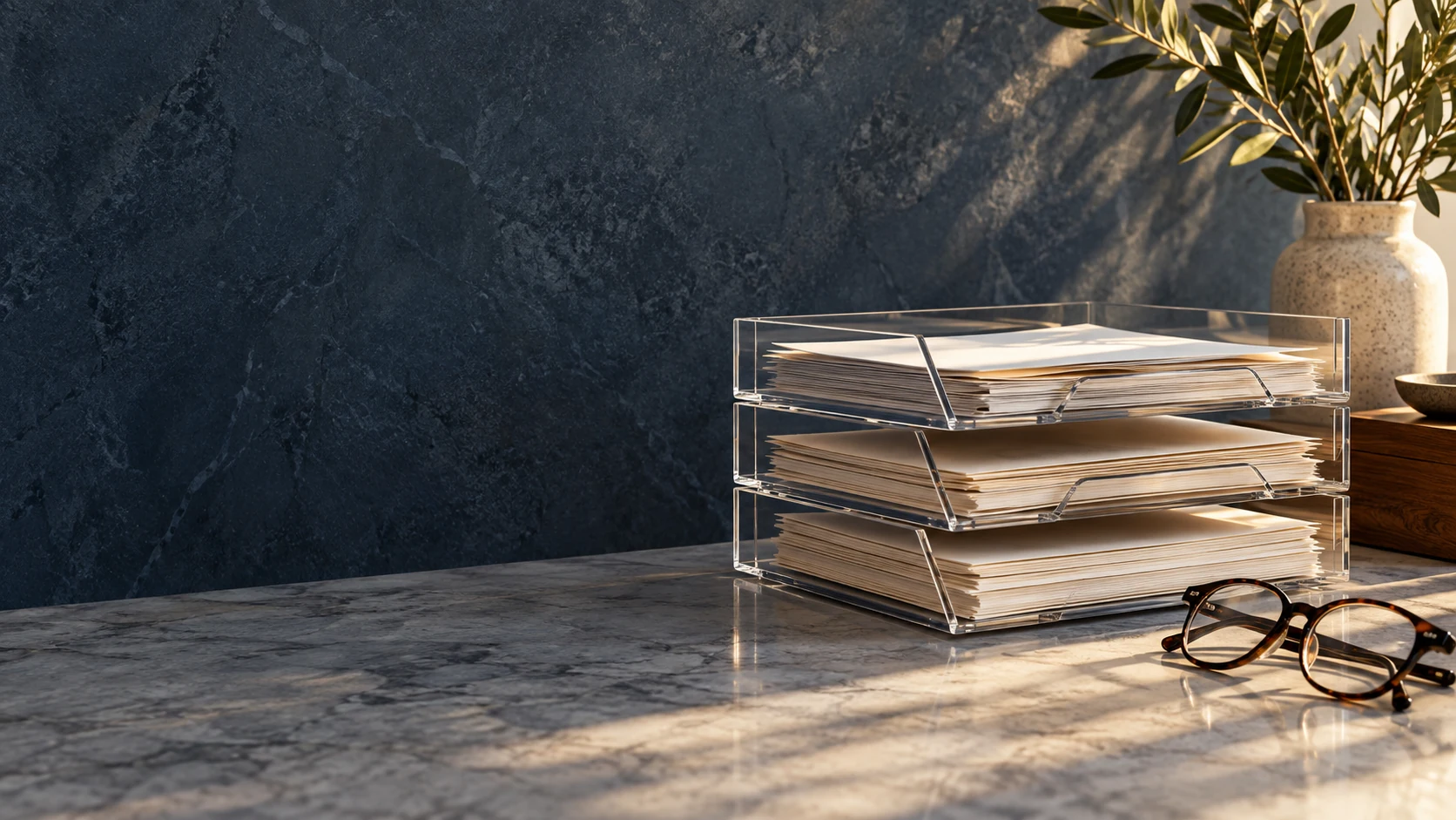 Three layers of financial paperwork separated by clear trays, beside reading glasses.