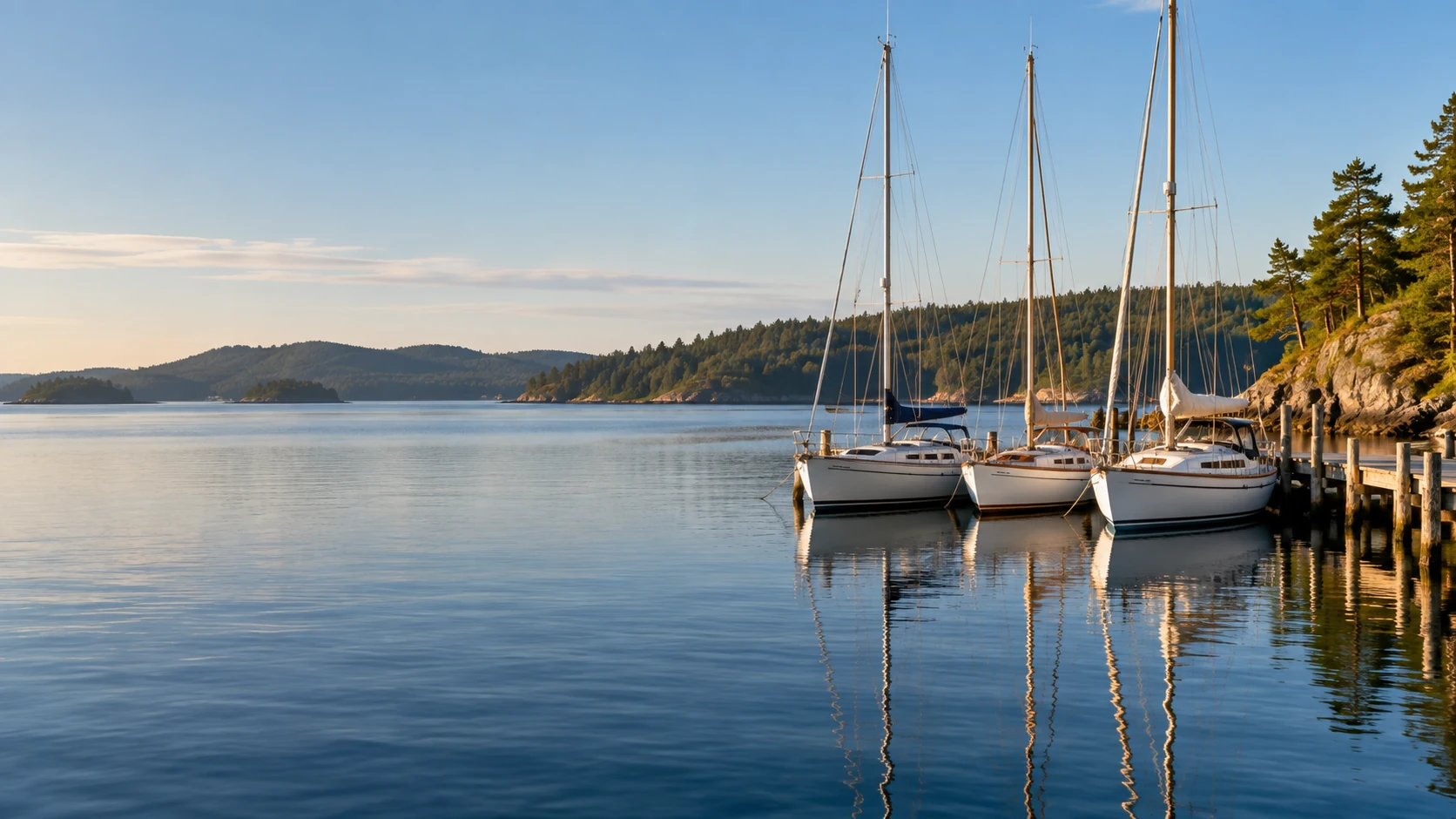A sheltered harbor with several small sailboats reflected in calm morning water.