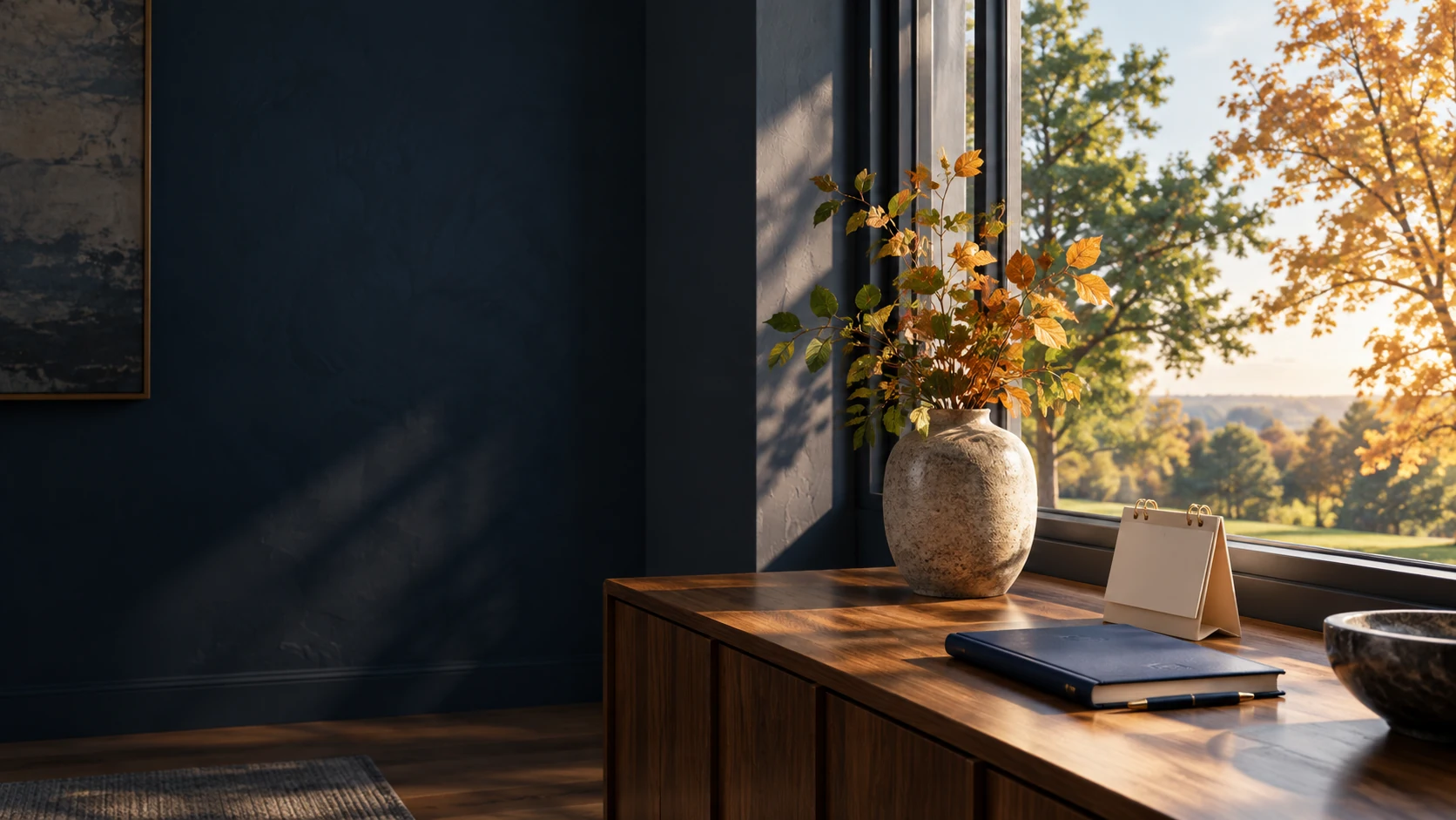 A seasonal garden viewed through a window, with a calendar and planning notebook nearby.