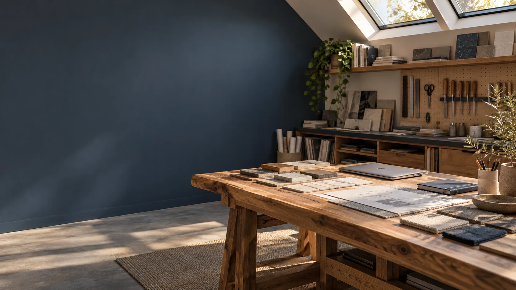 An orderly craft studio workbench with tools, a closed laptop, and a planning notebook.