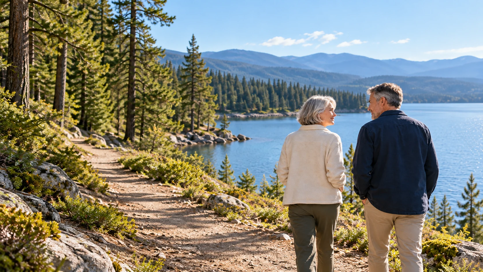 A couple walking together beside a lake in morning light. Illustrative scene with fictional people.