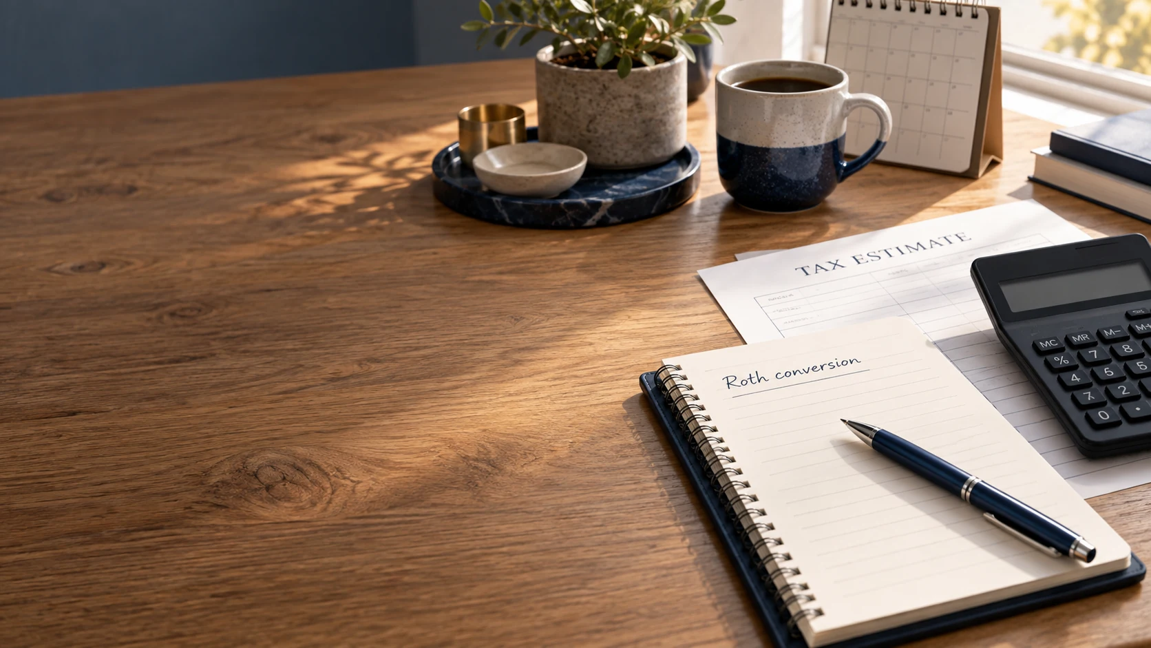 A calculator, tax-estimate worksheet, Roth-conversion notebook, and calendar.