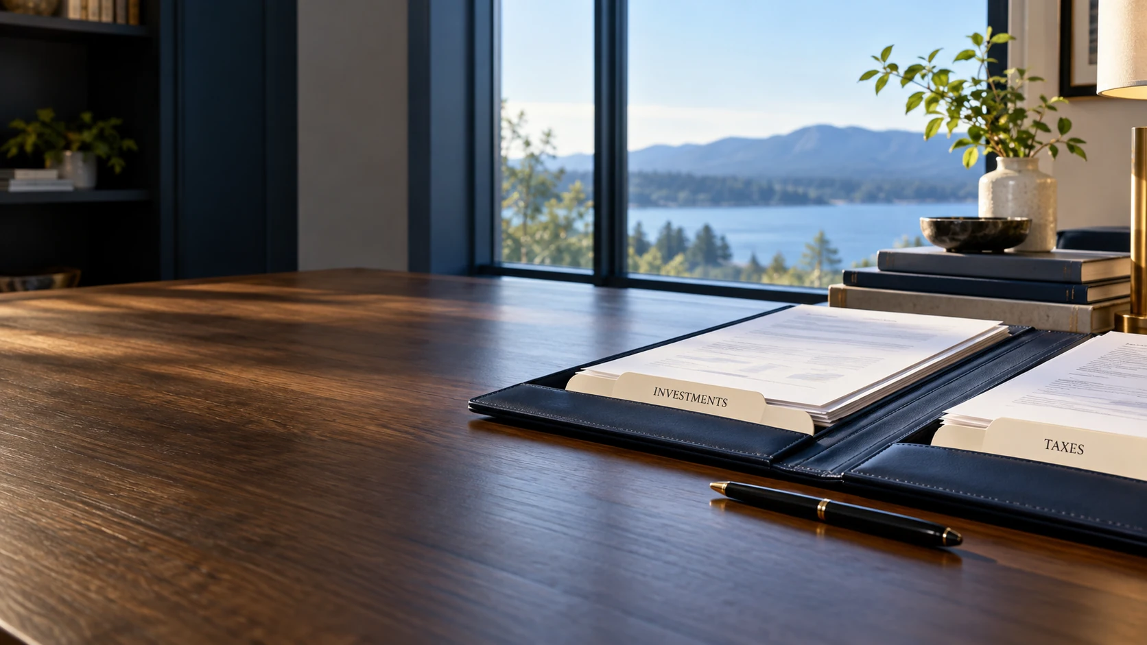 An organized portfolio with investment and tax sections, papers, and a pen.