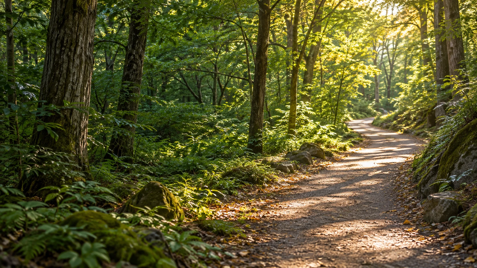 A gently winding trail through a sunlit forest.