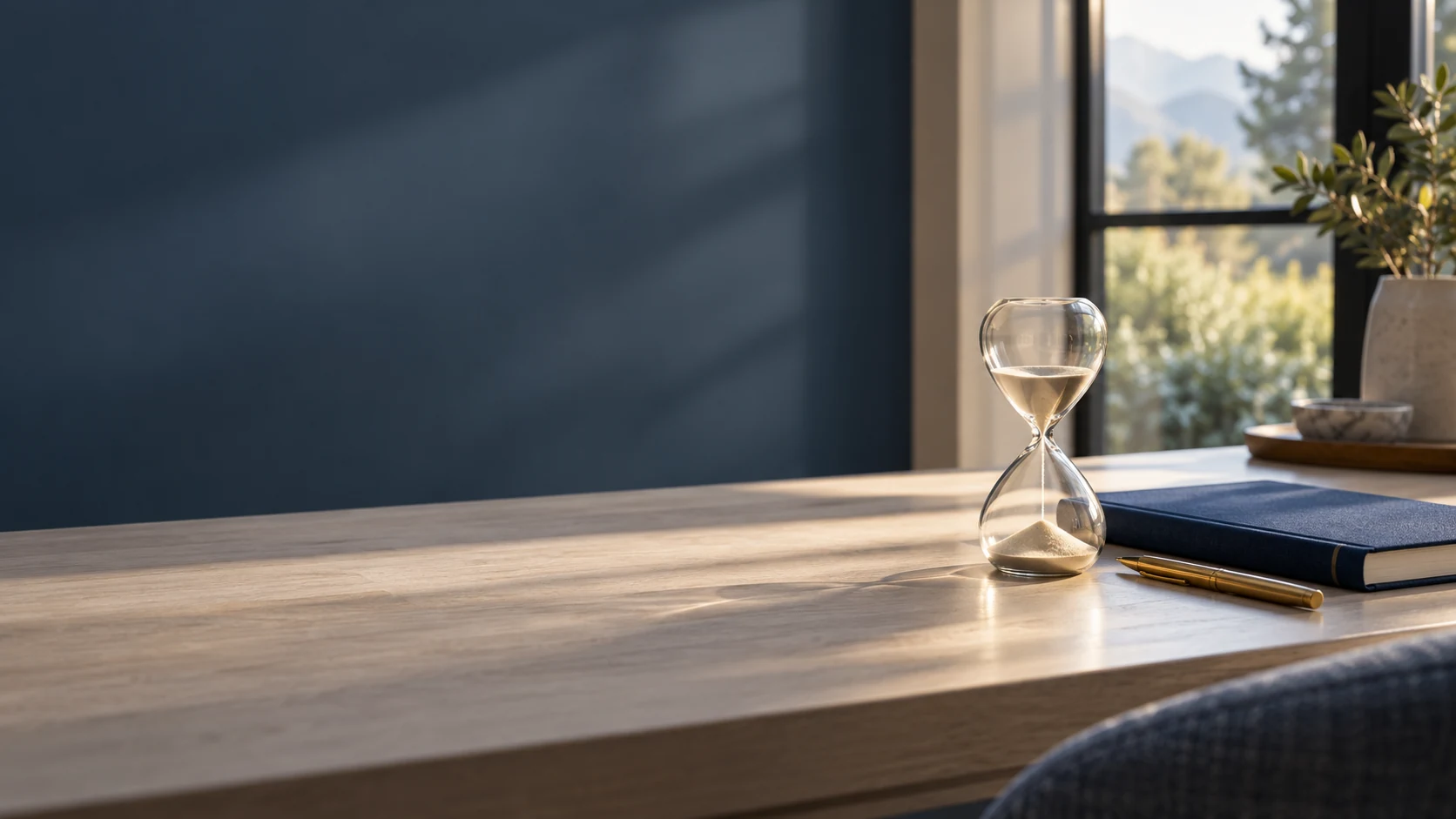A glass hourglass, navy notebook and pen on a sunlit desk. Illustrative planning scene.