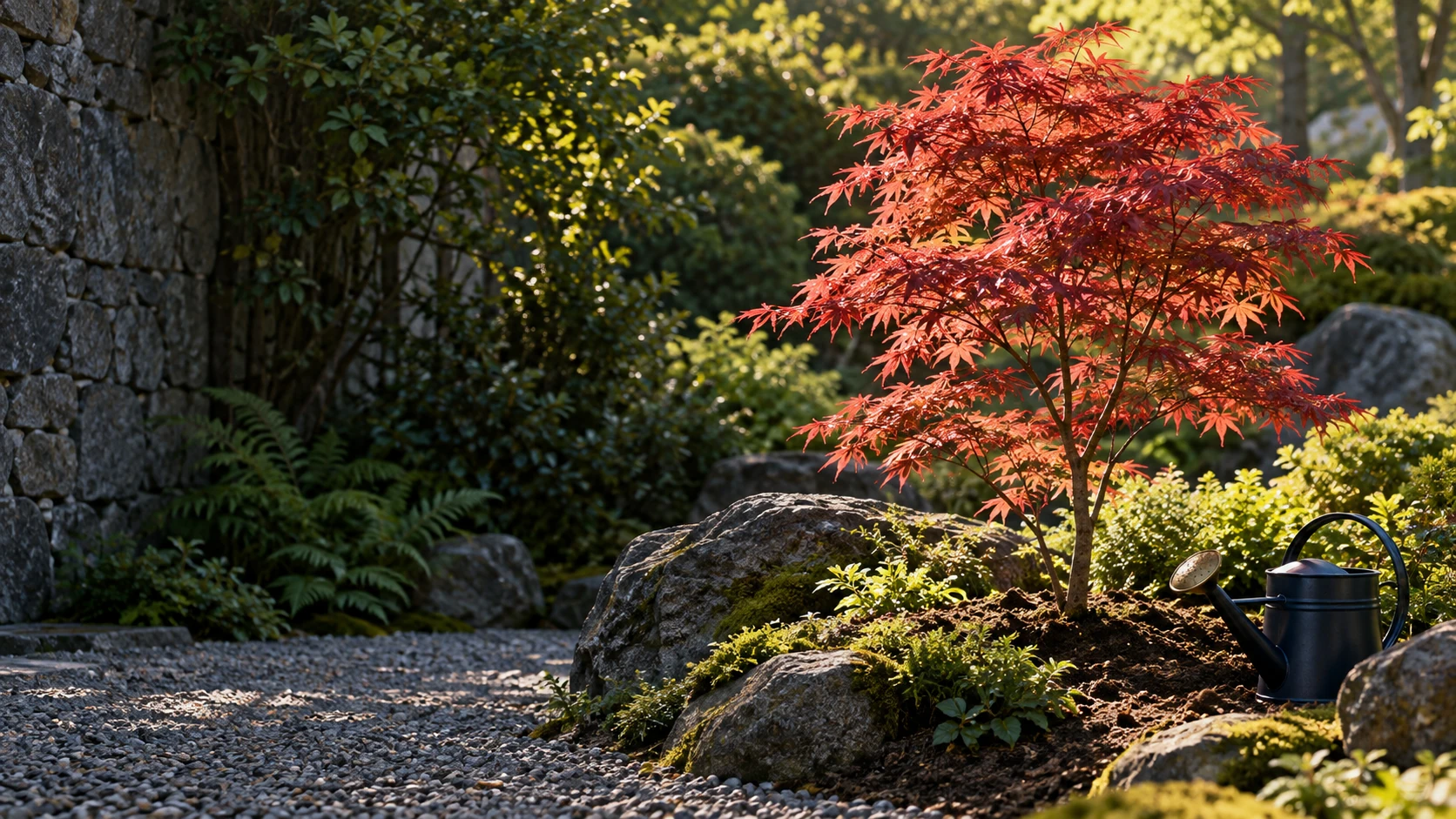 A young tree growing in a quiet garden beside a simple watering can.